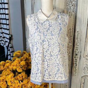 Cklass Fashionline Blue and White Gingham with White Lace Overlay Blouse NWT